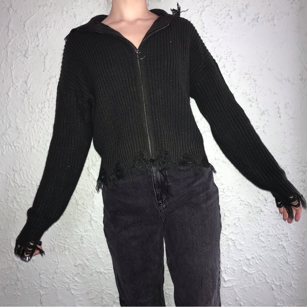 PINK ROSE Dark Green Distressed Yarn Zip Up Hoodie Sweater